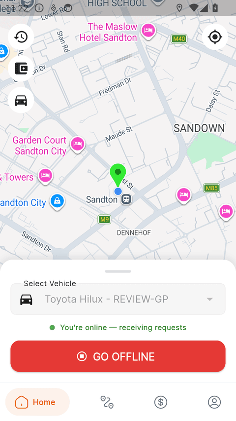 Driver home screen, online