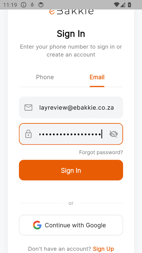 eBakkie app sign-in screen