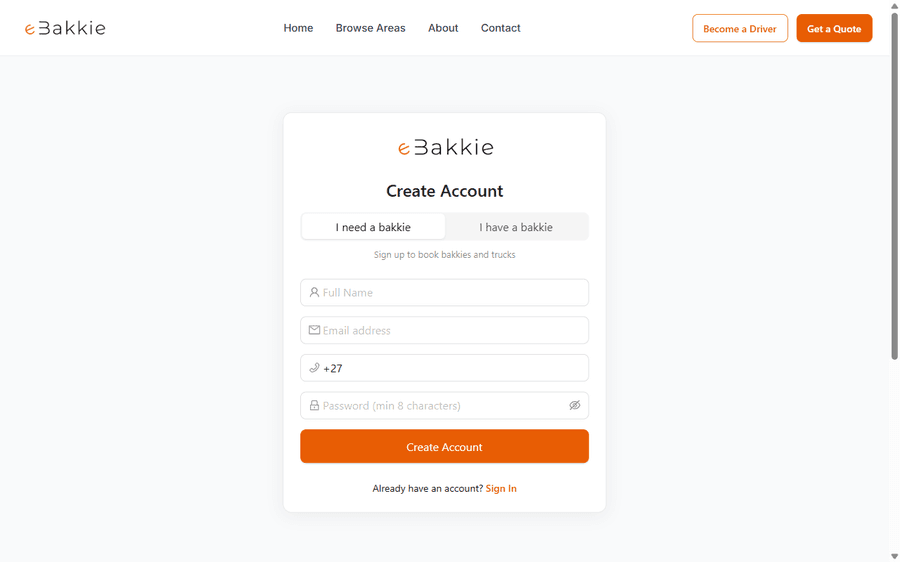 eBakkie registration page
